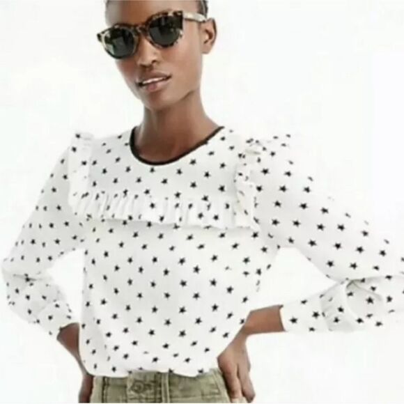 J. Crew Long Sleeve Silk Blouse Top Size 6 Off White Star Printed Ruffle - Picture 1 of 9